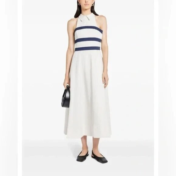 STAUD CAPTAIN IVORY OFF WHITE NAVY BLUE STRIPED HALTER MIDI DRESS SIZE 4 NWT - Picture 5 of 15
